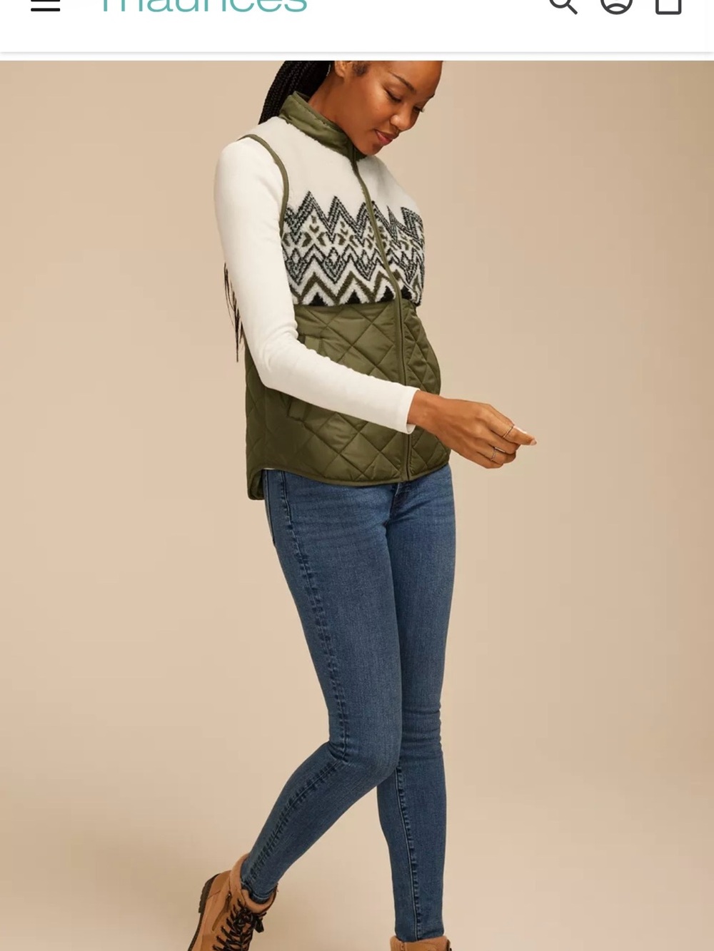 NWOT Maurices Fair Isle Sherpa Quilted Vest Olive Size L